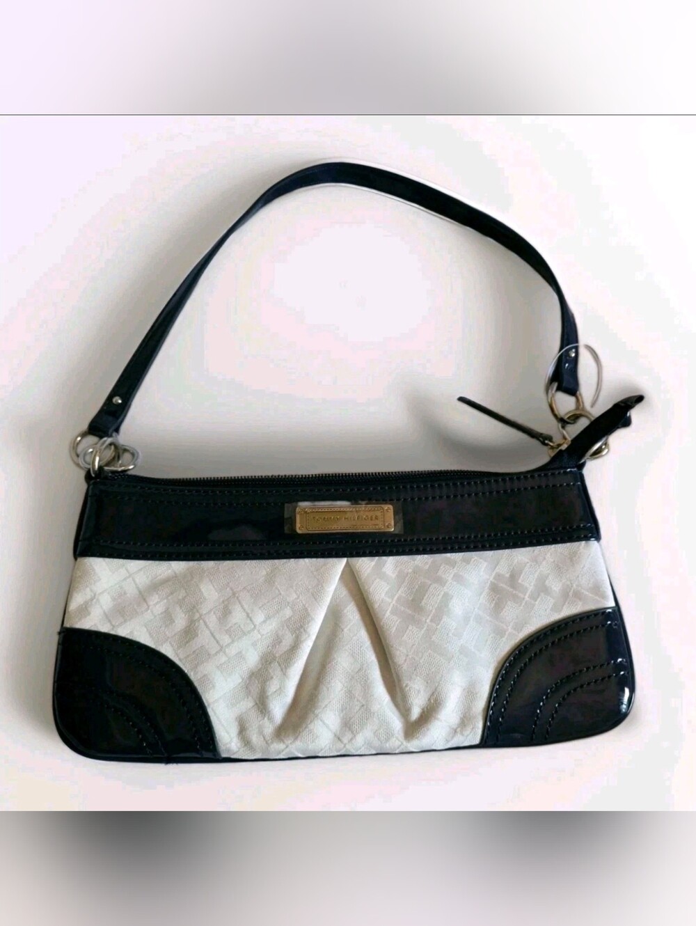 Tommy Hilfiger Canvas Small Clutch Shoulder Bag Purse Black White Logo